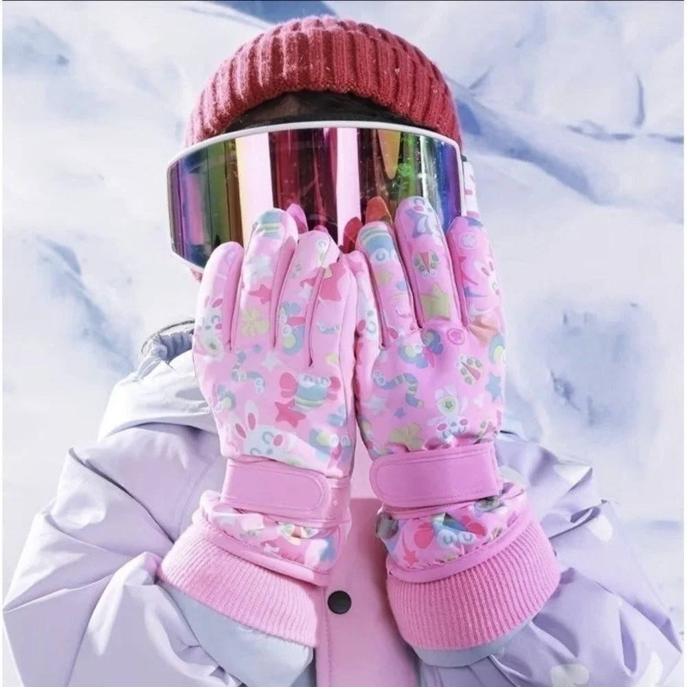 Kids Winter Snowboarding Ski Gloves 9-13 YO‎ Floral Insects Pink Insulated Warm